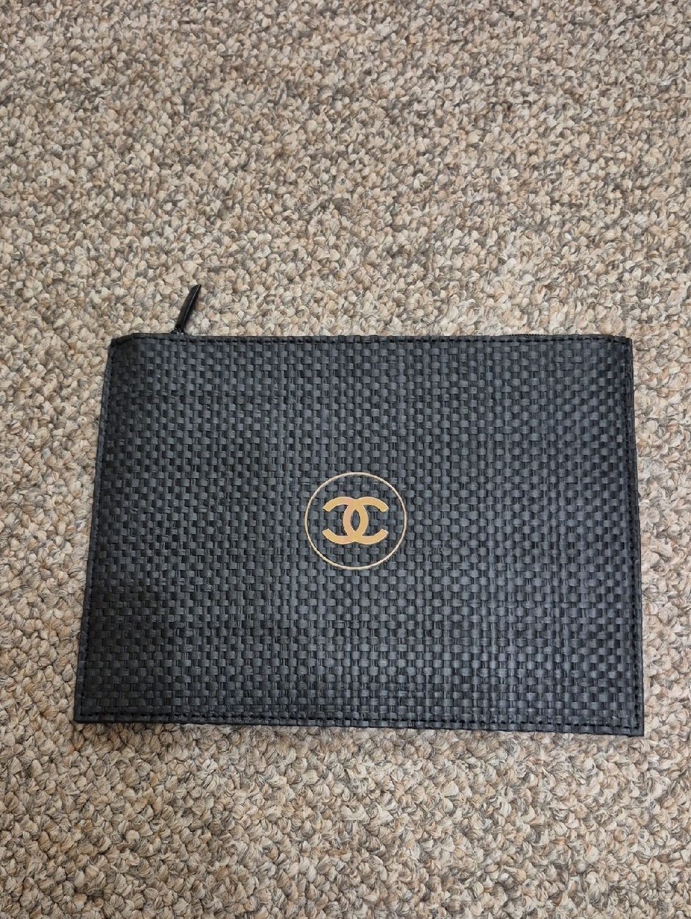 CHANEL Small Black Woven Zip Makup Bag Travel Pouch